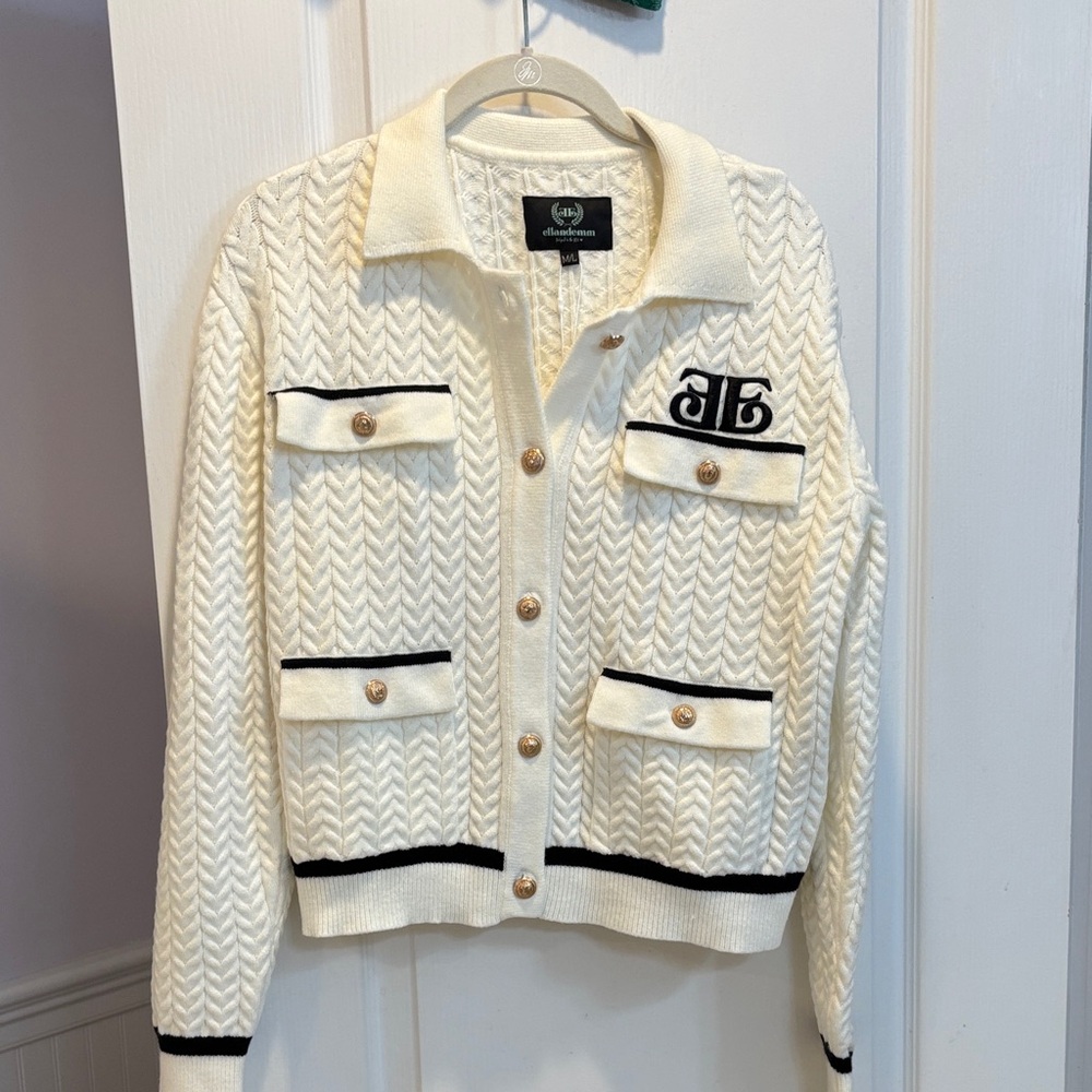 Ellandemm Cream Textured Knit Cardigan with Black Trim Like New tags removed M/L